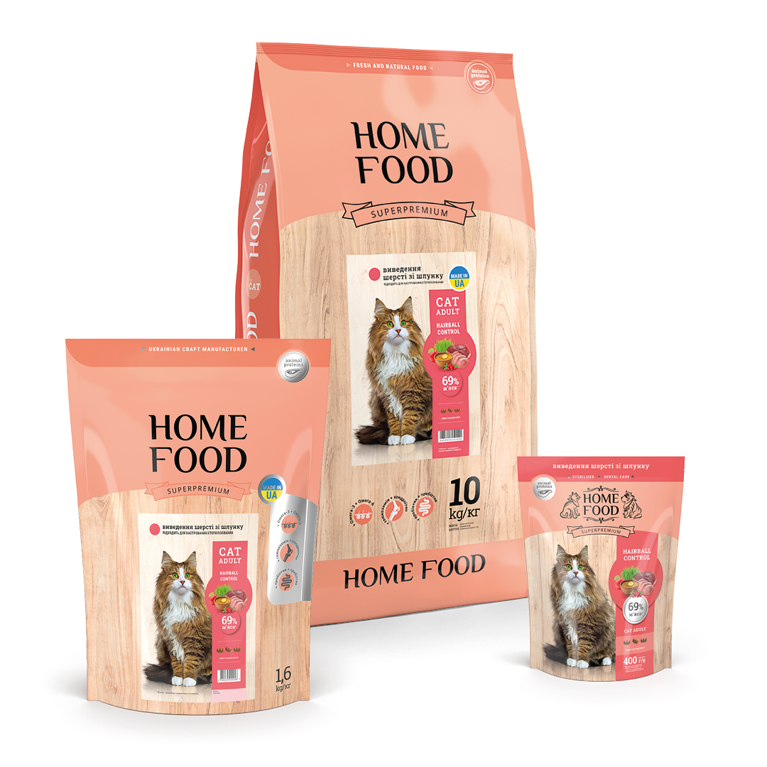 Home Food с индейкой, уткой и курицей – сухой корм для кошек для вывода шерсти из желудка