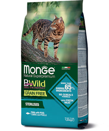MONGE BWILD CAT GRAIN FREE TONNO CON PISELLI  – сухий беззерновий корм з тунцем для стерилізованих котів
