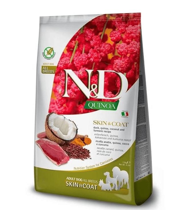 Farmina N&D Quinoa Skin&Coat – сухой корм для собак при пищевой аллергии с уткой, киноа, кокосом и куркумой