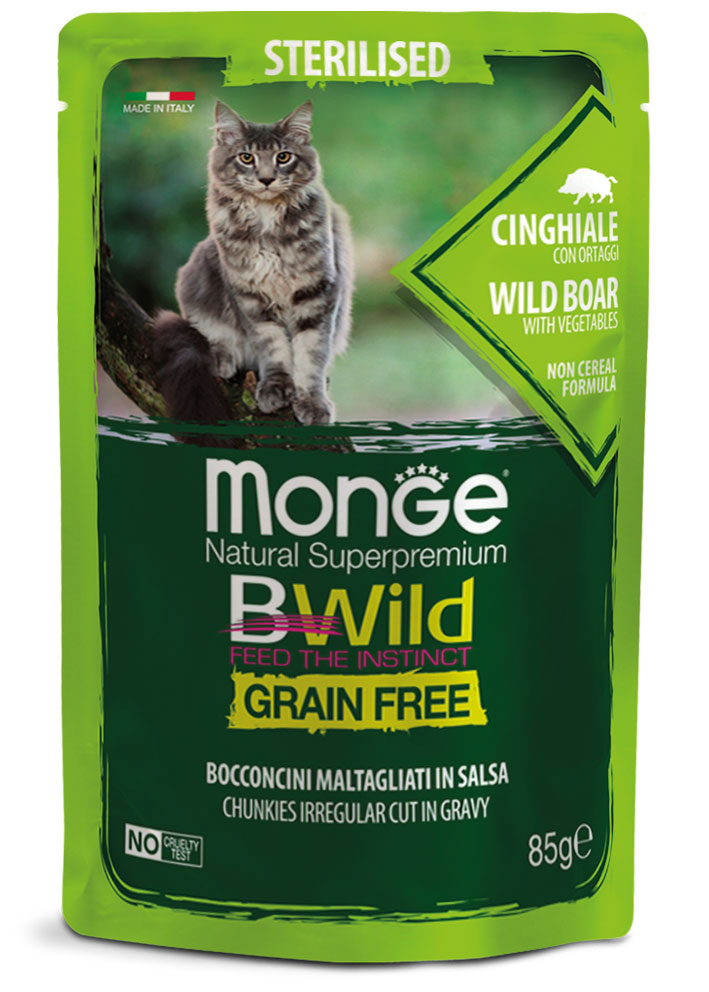 MONGE BWILD STERRILISED CAT GRAIN FREE CINGHIALE – консервированный корм с мясом кабана и овощами для стерилизованных кошек