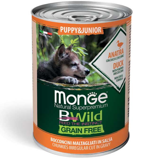 MONGE BWILD GRAIN FREE PUPPY & JUNIOR DUCK –  консервований корм з качкою, гарбузом та цукіні для цуценят