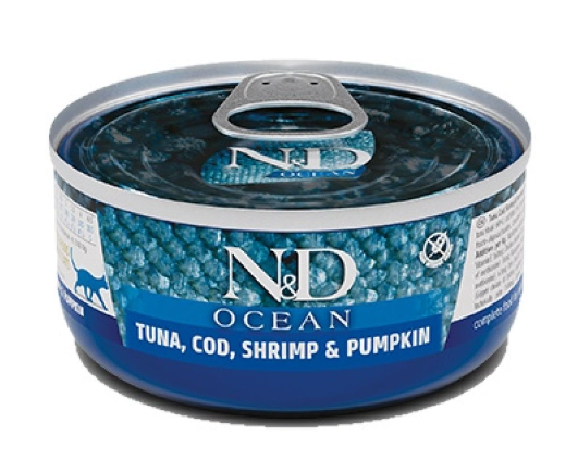 Farmina N&D Grain Free OCEAN TUNA, COD, SHRIMP & PUMPKIN - вологий беззерновий корм для кішок з тунцем, тріскою, креветкою та гарбузом