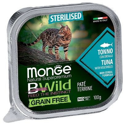 MONGE BWILD STERILISED CAT FREE PATÉ TERRINE TONNO – паштет з тунцем й овочами для стерилізованих котів