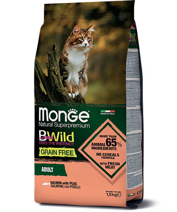 MONGE BWILD CAT GRAIN FREE SALMONE CON PISELLI – сухой беззерновой корм с лососем и горохом для взрослых кошек