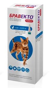 Bravecto Plus - противопаразитарні краплі на холку від блохів, кліщів та глистів для котів від 2.8 кг до 6.5 кг